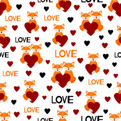 Seamless pattern with cute foxes, words Love and hearts.