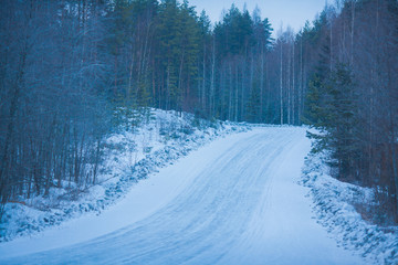 Evening winter road in the forest
