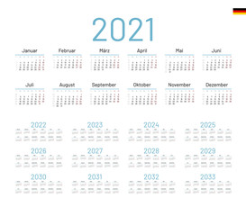German Calendar for 2021. Week starts on Monday