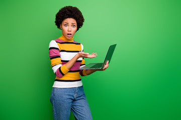 Profile photo of beautiful pretty dark skin curly lady hold notebook can't work complaining bad...