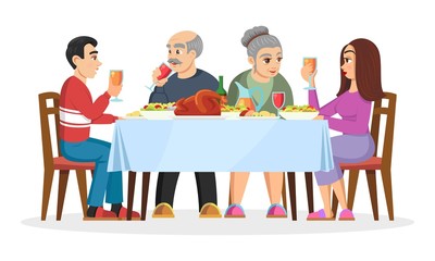 Adult children getting to know with parents of his or her chosen one. Friendly family celebtrating holidays at home, eating treats. Engaged young couple. Vector cartoon illustration isolated on white.