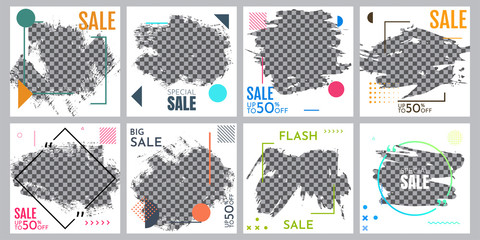 Grunge vector overlay. Banner design. Fashion sale promotion and digital marketing. Hand drawn abstract frame with Memphis pattern elements. Ink brush strokes mess. White poster with color frame