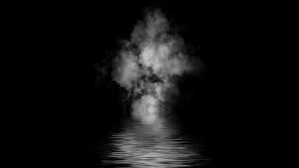 Smoke bomb with reflection in water. Mistery fog texture overlays isolated on background. Stock illustration.