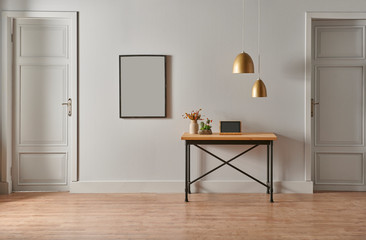 Fototapeta na wymiar Grey living room concept, door detail, working table and chair style.