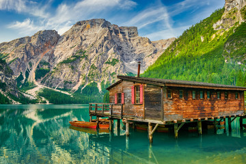 Amazing morning view of Lago di Braies, Dolomites, Italy