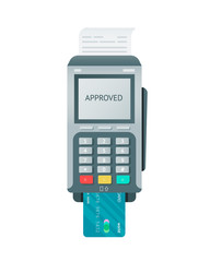 Vector isolated pos terminal with card and reciept. Flat style