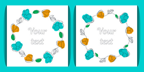 set of multi-colored linear floral wreaths. yellow and turquoise flowers