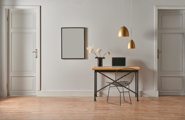 Grey living room concept, door detail, working table and chair style.
