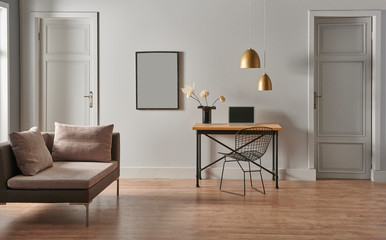 Grey living room concept, door detail, working table and chair style.