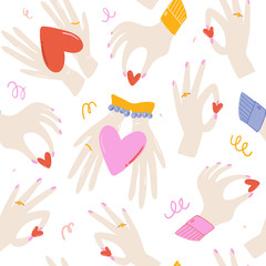 Valentines Day cheerful seamless pattern. Lovely romantic illustration with cute and character elements in scandinavian style. Vector. Good fabric design, textile, scrapbooking, wrapping paper