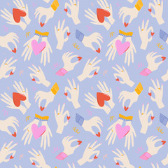 Valentines Day cheerful seamless pattern. Lovely romantic illustration with cute and character elements in scandinavian style. Vector. Good fabric design, textile, scrapbooking, wrapping paper