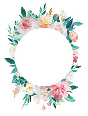 Obraz premium Blush and Mint floral frame isolated on white background. Hand drawn painting arrangement for wedding invitation, birthday, business, anniversary, party invitation, holidays.