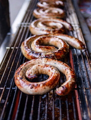 Sai Ua Chiang Mai, special sausage from Chiang Mai on the grill, Thai food, Chiang Mai, Thailand - selective focus