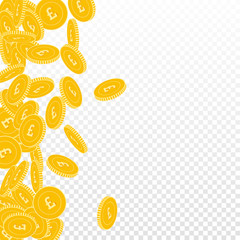 British pound coins falling. Scattered big GBP coi