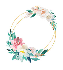 Blush and Mint floral and gold frame isolated on white background. Hand drawn painting arrangement for wedding invitation, birthday, business, anniversary, party invitation, holidays.