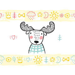 T-shirt print design for kids with hand drawn doodle cute moose and paint brush strokes seamless horizontal borders with toys. Baby shower card. Cartoon Animal vector illustration