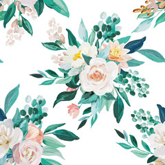 Blush and Mint floral seamless pattern on white background. Hand drawn painting decoration for wedding invitation, birthday, business, anniversary, party invitation, holidays.