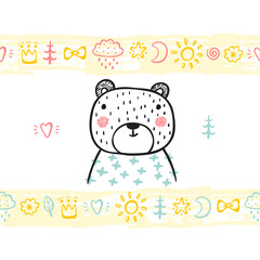 T-shirt print design for kids with hand drawn doodle cute Teddy bear and paint brush strokes seamless horizontal borders with toys. Baby shower card. Cartoon Animal vector illustration