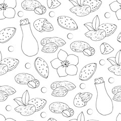 Hand drawn outline almond seamless. vector pattern with nuts. Natural organic background.
