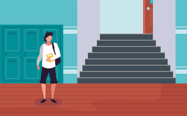 Boy student in front of school lockers vector design