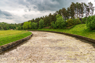 The dried up connection between Fewston Reservoir and Swinsty Reservoir, near Timble, North Yorkshire, England, UK