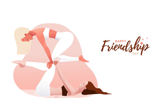 Two young women practicing acro yoga in couple. Balance, support, unity, feminine friendship or sisterhood concept. Happy Friendship Day logo. Vector illustration, pink color.