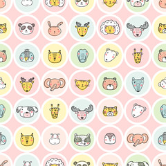 Cute Animal Face Heads Round Stickers Set Seamless pattern. Hand drawn Doodle Cartoon Funny Wild Animals, Pets and Birds labels Vector Background for kids