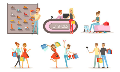 People Shopping in a Mall Collection, Male and Female Customers Buying Clothes and Shoes in Store Vector Illustration