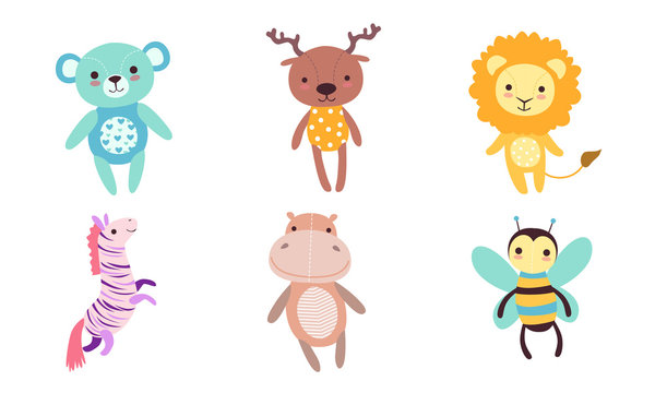 Cute Toy Animals Collection, Bear, Deer, Lion, Zebra, Hippo, Bee Vector Illustration