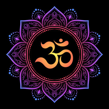 Color Circular pattern in form of mandala with ancient Hindu mantra OM and lotus flower for Henna, Mehndi, decoration. Decorative ornament in oriental style. Rainbow design on black background.
