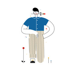 Man holds a flower in his mouth and standing on one knee. Congratulations on Valentine day holiday or birthday. Vector illustration in flat line style. - 317213172