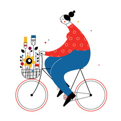 Young woman rides bicycle with bouquet in basket. Concept of love cycling. Vector illustration in flat line style. - 317213173