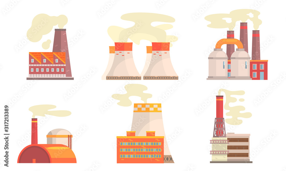 Sticker modern power plants collection, refinery, gas power station industrial factory buildings vector illu