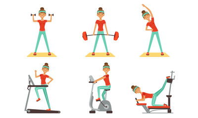 Young Woman Doing Different Sport Exercises Collection, Sportive Girl Character Working Out in Ftness Club or Gym Vector Illustration