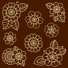 Set of Mehndi flower pattern for Henna drawing and tattoo. Decoration in ethnic oriental, Indian style. Doodle ornament. Outline hand draw vector illustration.