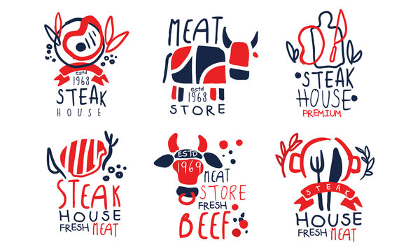 Steak House Labels Collection, Meat Store, Fresh Beef Premium Quality Retro Hand Drawn Badges Vector Illustration