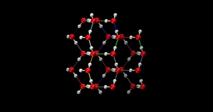 Ice water molecules in 3D, highly-ordered symmetry (CPK representation) with hydrogen bonds (dashed lines) , spinning on Y axis
