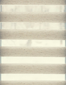 Details Of White Fabric Roller Blinds On The Plastic Window With Wood Texture In The Living Room. Window Roller, Duo System Day And Night, Detail.