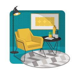 Scandinavian style interior vector fragment. Armchair next to a coffee table and Art Nouveau floor lamp. Round carpet. Geometric pattern on the wall.