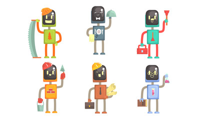 Robots of Different Professions Collection, Waiter, Lumberjack, Plumber, Builder, Engineer, Scientist Vector Illustration