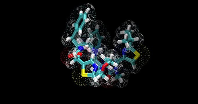 Cobicistat, pharmacokinetic enhancer and cytochrome P450 (CYP3A) inhibitor, anti-HIV treatment drug, 3D molecule spinning on Y axis