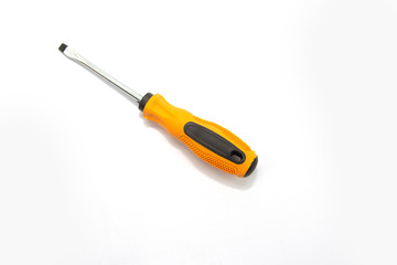 A yellow screwdriver placed on a white background for an electrician