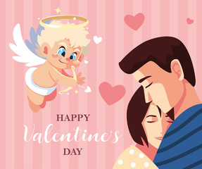 greetings card for valentines day, couple in love and sweet cupid angel