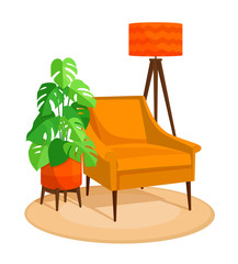 Scandinavian style interior vector fragment. Art Nouveau armchair surrounded by home plant. Monstera plant. Cosiness and comfort.