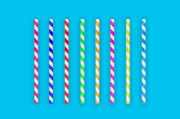 Colorful paper straw mock up template on isolated blue background, 3d illustration