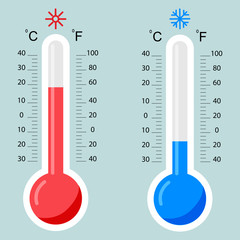 Flat thermometers. Hot and cold mercury thermometer control with accuracy meteorology fahrenheit and celsius scales temp. Warm sun heat and winter cool temperature blue red vector isolated icons set.