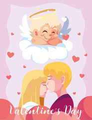 greetings card for valentines day, couple in love and sweet cupid angel