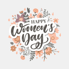 8 march. Happy Woman's Day Vector congratulation card with linear floral wreath