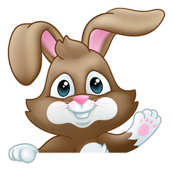 Fototapeta premium Easter bunny rabbit cartoon character peeking over a sign background and waving