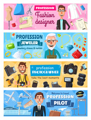 Profession characters, fashion designer, jeweler and photographer, aviation pilot. Vector professional equipment, jewelry tools, camera, tailoring scissors and airplane, airport and clothes
